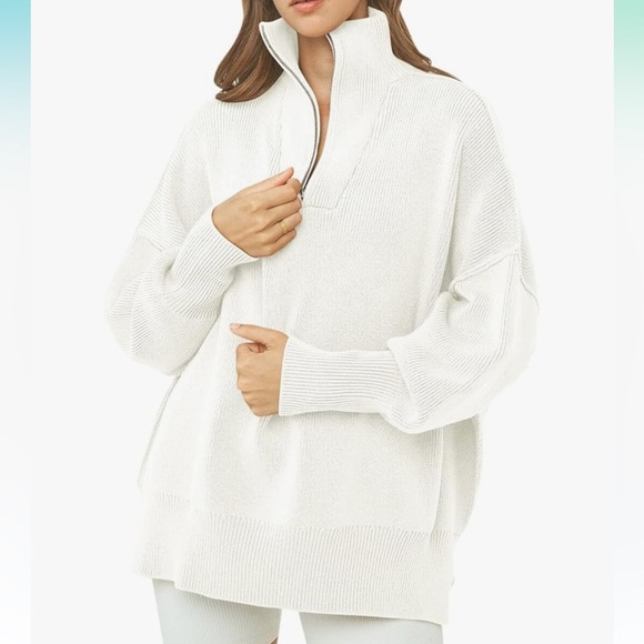 Anrabess Sweaters - Oversized Slouchy Quarter Zip sweater in cream/off white size large